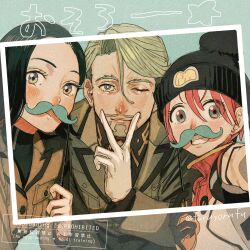 1boy 2girls :/ amate_yuzuriha artist_name beanie black_hair black_hat blush bright_pupils brown_eyes challia_bull closed_mouth commentary_request comoli_harcourt earrings facial_hair fake_facial_hair fake_mustache fu_(furuyorufu) gloves goatee green_eyes green_hair green_jacket grin gundam gundam_gquuuuuux hair_between_eyes hat highres jacket jewelry long_sleeves looking_at_viewer mecha_pilot_suit military_jacket multiple_girls mustache normal_suit_(gundam) one_eye_closed pom_pom_(clothes) pom_pom_beanie red_hair short_hair smile spacesuit star_(symbol) translation_request twitter_username upper_body v v_over_mouth white_gloves white_pupils zeon