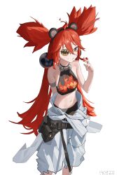 1girl :i ahoge arm_behind_back artist_name bare_shoulders blush breasts eyepatch fay1221 highres koleda_belobog looking_at_viewer midriff navel orange_eyes orange_hair playing_with_own_hair simple_background small_breasts solo sweat twintails white_background zenless_zone_zero