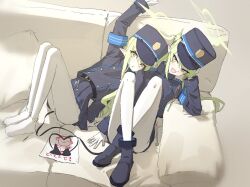 Rule 34 | 2girls, ankle boots, belt, black hat, black jacket, black skirt, blue archive, boots, buttons, couch, crossed ankles, demon tail, doodle sensei (blue archive), double-breasted, gloves, green hair, halo, hat, hikari (blue archive), jacket, long hair, looking at viewer, miniskirt, multiple girls, no shoes, nozomi (blue archive), on couch, pantyhose, peaked cap, pleated skirt, pointy ears, reclining, s0lari sub, sensei (blue archive), siblings, sisters, sitting, sketch, skirt, tail, twins, twintails, white gloves, white pantyhose, yellow eyes