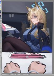 1boy 4girls animal_ear_fluff animal_ears armband betabeet black_gloves black_hair black_pantyhose blonde_hair blue_archive blue_armband blue_coat blue_eyes blue_necktie blue_shirt blue_skirt clenched_hands coat crossed_legs cuffs dark_skin disgust doodle_sensei_(blue_archive) gloves hair_over_one_eye handcuffs holding holding_paper interrogation iori_(blue_archive) kanna_(blue_archive) long_hair mashiro_(blue_archive) multiple_girls necktie pantyhose paper red_eyes reflection sensei_(blue_archive) shaded_face sharp_teeth shirt skirt sweatdrop teeth tsurugi_(blue_archive) white_hair white_shirt