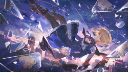 1girl absurdres ahoge artoria_pendragon_(fate) black_boots black_pantyhose blonde_hair blue_bow blue_bowtie blue_dress boots bow bowtie broken_glass city cityscape closed_mouth cloud dress falling fate/stay_night fate/unlimited_blade_works fate_(series) full_body glass hair_bow high_heel_boots high_heels highres honkai:_star_rail honkai_(series) knee_boots long_sleeves mento night pantyhose reaching reaching_towards_viewer saber_(fate) saber_(honkai:_star_rail)_(fate) shooting_star sky smile solo