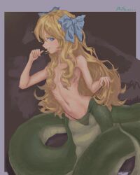 1girl absurdres black_panties blonde_hair blue_bow blue_eyes bow clenched_teeth flat_chest from_side hair_bow hair_over_breasts highres holding jashin-chan jashin-chan_dropkick lamia long_hair looking_at_viewer monster_girl navel panties parted_lips skinny solo teeth topless_female underwear zhu_ting