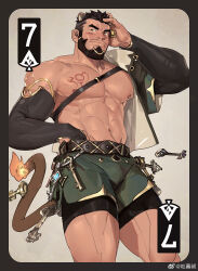 Rule 34 | 1boy, abs, alca (wakatanka4), alternate costume, animal ears, bara, beard, black hair, black sleeves, blush, bulge, card (medium), detached sleeves, dolphin shorts, facial hair, feet out of frame, fire, flame-tipped tail, from below, green shorts, gyee, hand on own head, highres, key, large pectorals, leggings under shorts, legs together, lion boy, lion ears, lion tail, looking at viewer, male focus, mature male, muscular, muscular male, mustache stubble, navel hair, nipples, original, pectorals, short hair, shorts, shy, solo, stomach, strongman waist, stubble, tail, telekinesis, thick eyebrows, tooboshoo, undercut