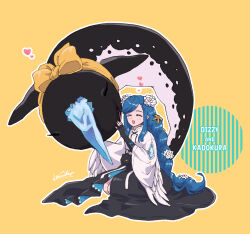 1girl angel_wings black_dress black_flower braid braided_ponytail character_name dizzy_(guilty_gear) dress fingerless_gloves flower front_slit gloves guilty_gear guilty_gear_strive heart highres kadokura_(guilty_gear) kanea_(nikoinoillust) long_hair low-tied_long_hair narwhal queen_dizzy ribbon seiza signature sitting solo swept_bangs tail tail_ornament tail_ribbon white_flower wide_sleeves wings yellow_background yellow_flower yellow_ribbon