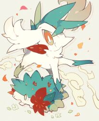 akadako alternate_color animal_focus bags_under_eyes bright_pupils closed_mouth drop_shadow dual_persona flower full_body gen_4_pokemon green_eyes green_hair grey_background happy legendary_pokemon looking_afar looking_at_viewer mohawk mythical_pokemon nintendo no_humans one-hour_drawing_challenge open_mouth orange_eyes pokemon pokemon_(creature) red_flower shaymin shaymin_(land) shaymin_(sky) shiny_pokemon short_hair sideways_mouth smile smoke standing white_pupils