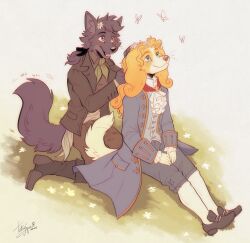 2boys animal_ears artist_name augustin_prosper_de_belfort_(belfort_and_lupin) belfort_and_lupin black_coat black_pants blue_coat blue_pants bug butterfly closed_mouth coat commentary dated dog_boy dog_ears dog_tail fangs flower furry furry_male hair_flower hair_ornament highres insect lupin_(belfort_and_lupin) male_focus multiple_boys on_ground open_mouth pants signature sitting smile sound_effects tail tail_wagging tatujapa whiskers wolf_boy wolf_ears wolf_tail