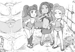 3girls aftersex blush bra bra_peek breasts censored cum cum_in_pussy cum_pool cumdrip dress exhibitionism feet fujimoto_mai full_body gouguru grin lifting_own_clothes loli lying miniskirt mosaic_censoring multiple_girls nipples nude on_back outdoors panties panties_around_leg public_indecency pussy sandals sasaki_megumi shibuya_anna skirt small_breasts smile spread_legs standing sundress tan thong twintails underwear undressing youkai_watch