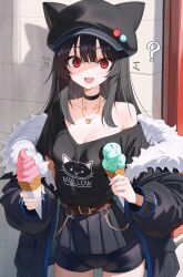 1girl absurdres animal_hat bare_shoulders belt black_choker black_shirt blush breasts brown_belt cat_hat choker cleavage hat highres holding holding_ice_cream_cone ice_cream_cone jacket jacket_partially_removed jewelry long_hair long_sleeves looking_at_viewer medium_breasts mellow_kaede miniskirt necklace original red_eyes shirt short_shorts shorts skirt smile solo