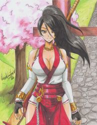 1girl 2022 bare_shoulders black_hair breasts cherry_blossoms cleavage dead_or_alive fingerless_gloves gloves highres large_breasts long_hair momiji_(ninja_gaiden) ninja_gaiden ponytail ravernclouk_design tecmo tree