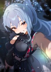 1girl absurdres asymmetrical_sleeves black_shirt black_shorts black_skirt blue_eyes blue_hair blurry blurry_background chest_harness commentary covered_navel depth_of_field double-parted_bangs gloves grin hair_between_eyes hair_ribbon half_gloves harness highres hololive hoshimachi_suisei hoshimachi_suisei_(shout_in_crisis) long_hair long_sleeves looking_at_viewer mismatched_sleeves official_alternate_costume official_alternate_hairstyle outstretched_arm overskirt pencamp pleated_skirt ponytail reaching reaching_towards_viewer ribbon see-through_clothes see-through_midriff see-through_sleeves selfie shirt shorts single_glove single_half_glove skirt smile solo star_(symbol) star_in_eye symbol-only_commentary symbol_in_eye tile_floor tiles turtleneck turtleneck_shirt virtual_youtuber waving