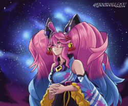 1girl bare_shoulders bell blue_dress blue_hair breasts cleo_(dragalia_lost) cleo_(yukata)_(dragalia_lost) detached_sleeves dragalia_lost dress eggroll_(eggrollazx) gradient_hair highres large_breasts long_hair multicolored_hair own_hands_together purple_eyes purple_hair sky solo star_(sky) starry_sky twitter_username very_long_hair