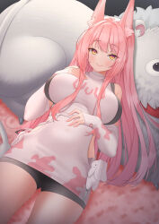 1girl absurdres animal animal_ear_fluff animal_ears bare_shoulders bike_shorts black_shorts black_sports_bra blush breasts closed_mouth detached_sleeves goddess_of_victory:_nikke graynacht hair_intakes hand_on_own_stomach highres large_breasts leona_(nikke) lion long_hair lying on_back pink_hair shirt shorts sideless_shirt sidelocks smile sports_bra tail timi_(nikke) turtleneck turtleneck_shirt white_shirt yellow_eyes