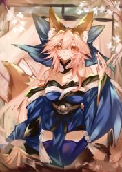 1girl animal_ears black_sash blue_kimono blue_ribbon blue_thighhighs detached_collar detached_sleeves fate/extra fate_(series) fox_ears fox_girl fox_tail gin_(yza_foxxhermit) hair_between_eyes highres japanese_clothes kimono kneeling long_hair long_sleeves pink_hair ribbon sash tail tamamo_(fate) tamamo_no_mae_(fate/extra) thighhighs twintails yellow_eyes