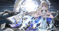 1girl bare_shoulders black_collar black_dress blonde_hair cartethyia_(wuthering_waves) closed_mouth collar commentary crown_of_thorns dress earrings hashtag-only_commentary highres holding holding_sword holding_weapon jewelry long_hair looking_at_viewer minglu_(gululu) pointy_ears solo sword tabard tacet_mark_(wuthering_waves) very_long_hair weapon white_tabard wuthering_waves
