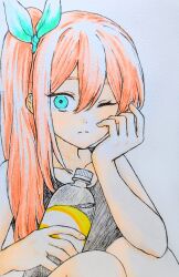 1girl ;( alternate_hairstyle aqua_bow aqua_eyes aubrey_(faraway)_(omori) aubrey_(omori) bare_arms bare_shoulders black_tank_top bottle bow closed_mouth collarbone commentary_request double-parted_bangs feet_out_of_frame fingernails frown grey_background hair_between_eyes hair_bow hand_on_own_cheek hand_on_own_face hand_up hatching_(texture) high_side_ponytail highres holding holding_bottle knees_up long_hair looking_at_viewer mimn_(kdjgxrt1xt69701) omori one_eye_closed side_ponytail simple_background sitting solo tank_top traditional_media water_bottle
