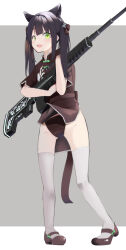 1girl :d akinoji_(akiponpon27) animal_ears black_dress black_hair black_panties blue_archive brown_shoes bullpup china_dress chinese_clothes commentary_request dress full_body green_eyes gun highres holding holding_gun holding_weapon long_hair open_mouth outside_border panties pillarboxed rifle shoes shun_(blue_archive) shun_(small)_(blue_archive) smile solo standing thighhighs tongue twintails underwear weapon white_thighhighs