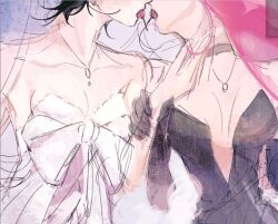 Rule 34 | 15002sou, 2girls, alien stage, alternate costume, black dress, black gloves, black hair, breasts, cherry, dress, food, food in mouth, fruit, gloves, head out of frame, long hair, mizi (alien stage), mouth hold, multiple girls, pink hair, short hair, strapless, strapless dress, sua (alien stage), white dress, yuri