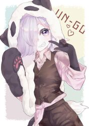 Rule 34 | 1boy, absurdres, androgynous, ayu (rinrin53), border, brown pants, brown vest, copyright name, eyelashes, grin, hair over one eye, headwear with attached mittens, heart, highres, inga, male focus, panda boy, panda hat, panda tail, pants, pink shirt, pointing, pointing at self, purple eyes, purple hair, shirt, smile, solo, un-go, vest, white border