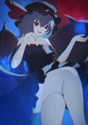 1girl absurdres bare_shoulders black_hat black_shirt black_skirt collarbone crossed_legs fang fire frilled_hat frills hair_between_eyes hair_ribbon hand_on_own_face hands_up hat hat_ribbon highres hitodama mob_cap multicolored_hair off-shoulder_shirt off_shoulder parted_lips pleated_skirt purple_hair red_eyes red_ribbon remilia_scarlet ribbon shirt skin_fang skirt smile solo tachyon663504 thighs touhou