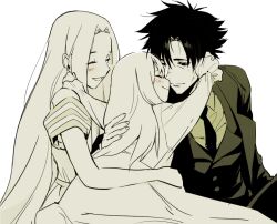 1boy 2girls aged_down child closed_eyes coat commentary_request dashi_(minzoku_gb) emiya_kiritsugu family fate/zero fate_(series) father_and_daughter formal_clothes husband_and_wife illyasviel_von_einzbern irisviel_von_einzbern limited_palette mature_eyes mother_and_daughter multiple_girls necktie nightgown smile suit vest