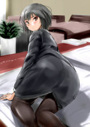 1girl all_fours amagami ass bed bedroom black_hair brown_eyes female_focus indoors jewelry looking_at_viewer murasaki_iro nanasaki_ai office_lady pantyhose pencil_skirt ring short_hair skirt solo tsurime