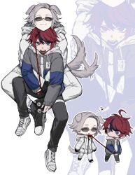 2boys absurdres ahoge animal_ears aotsuki_eito black_gloves black_hair black_pants black_shoes chibi closed_mouth coat collar commentary dog_boy dog_ears dog_tail english_commentary full_body gloves grey_jacket highres holding holding_leash hood hoodie hug hug_from_behind jacket leash long_sleeves male_focus multicolored_hair multiple_boys musical_note open_mouth pants red_hair shoes simple_background smile spoken_musical_note streaked_hair sumino_takumi sunglasses tail tail_wagging the_hundred_line_-last_defense_academy- tsu_(lovesick1964) white_background white_coat white_hoodie white_shoes yaoi zoom_layer