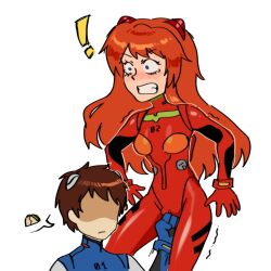 Rule 34 | 1boy, 1girl, asuka2004, blue eyes, bodysuit, cameltoe, cunt punt, groin attack, groin kick, groin punch, highres, ikari shinji, mecha pilot suit, neon genesis evangelion, plugsuit (evangelion), red bodysuit, self-upload, souryuu asuka langley, speech bubble, taco