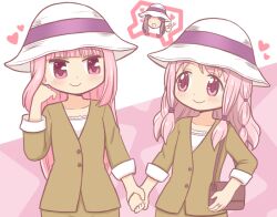 Rule 34 | 3girls, adjusting hair, bad id, bad twitter id, bag, blush, brown jacket, brown pants, cosplay, eye contact, hat, heart, holding hands, jacket, jewelry, long hair, looking at another, magia record: mahou shoujo madoka magica gaiden, mahou shoujo madoka magica, mother and daughter, multiple girls, pants, pink eyes, pink hair, reverse (bluefencer), ring, siblings, sisters, smile, standing, sun hat, tamaki iroha, tamaki iroha&#039;s mother, tamaki iroha&#039;s mother (cosplay), tamaki ui, v, white hat