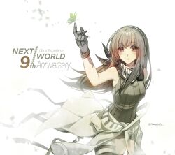 1girl anniversary arm_up artist_name bandana bandana_around_neck brown_eyes brown_hair bug butter butterfly clothes_around_waist commentary copyright_name english_commentary food girls&#039;_frontline green_butterfly headphones highres insect jacket jacket_around_waist long_hair m4a1_(girls&#039;_frontline) open_mouth shadow71580825 short_shorts shorts simple_background white_background white_mouth