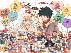 6+boys 6+girls ahoge animal_ears anniversary bald balloon black_hair blonde_hair blue_eyes blue_hair blush bow braid breasts brown_eyes brown_hair cake candy candy_apple candy_cane character_request chinese_clothes cookie cup cupcake earmuffs finger_to_mouth flag flower food fork fruit glasses green_eyes grey_eyes grey_hair hair_bow hair_flower hair_ornament hair_ribbon hairband hat head_wreath heart_balloon high_priest_(toaru_majutsu_no_index) highres hirai_(kagamine) holding holding_food index_(toaru_majutsu_no_index) japanese_clothes jiangshi kamijou_touma kneeling knife konpeitou lab_coat macaron midriff misaka_mikoto multiple_boys multiple_girls mummy navel necktie nephtys niang-niang night_vision_device one_eye_closed open_mouth pancake pink_eyes pink_hair pudding qliphah_puzzle_545 red_eyes red_flower red_hair red_rose ribbon rose safety_pin sakugawa_school_uniform saten_ruiko school_uniform shirai_kuroko shushing sitting skirt smile star_balloon strawberry sunglasses toaru_majutsu_no_index uiharu_kazari vest white_hair wings yellow_eyes
