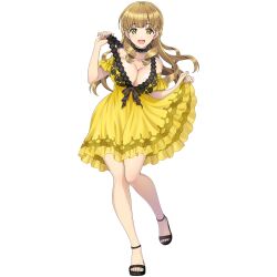 Rule 34 | adjusting clothes, ayato utae, blonde hair, breasts, cleavage, dolphin wave, don quijote (store), drill hair, drill sidelocks, floral print, frilled nightgown, game cg, highres, large breasts, long hair, looking at viewer, nightgown, non-web source, official art, ootomo takuji, open mouth, sandals, sidelocks, sleepwear, smile, transparent background, yellow eyes, yellow nightgown