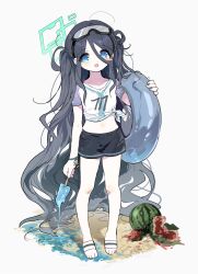 Rule 34 | kei (robot) (blue archive), 1girl, absurdly long hair, absurdres, alternate costume, aris (blue archive), arm at side, beach, black hair, black shorts, blue archive, blue eyes, blush stickers, border, bracelet, breasts, character charm, charm (object), fading border, faux figurine, food, fruit, goggles, goggles on head, hair between eyes, halo, hand up, highres, holding, holding food, holding popsicle, holding swim ring, innertube, jewelry, jihecchi, long hair, looking at viewer, melting, midriff, navel, no socks, open mouth, popsicle, sandals, shirt, short shorts, short sleeves, shorts, simple background, single blush sticker, small breasts, smile, solo, standing, suikawari, swim ring, tied shirt, two side up, very long hair, watermelon, white background, white shirt