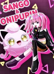 1girl :d belt black_shirt character_name commentary_request coral_(pokemon) fang hair_ornament hand_up highres long_sleeves midriff nintendo off-shoulder_shirt off_shoulder open_mouth outline pink_hair pokemon pokemon_(anime) pokemon_(creature) pokemon_horizons scream_tail shirt smile tafin_(hdea2345) tongue twintails watermark yellow_belt