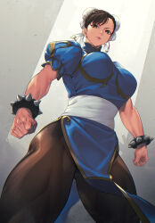 blue_dress bracelet breasts brown_eyes brown_hair brown_pantyhose bun_cover capcom china_dress chinese_clothes chun-li double_bun dress expressionless from_below hair_bun highres jewelry large_breasts looking_at_viewer mikel_(4hands) muscular muscular_female pantyhose pelvic_curtain side_slit spiked_bracelet spikes street_fighter