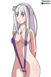 Rule 34 | 1girl, bare shoulders, bikini, bra, breasts, emilia (re:zero), highres, long hair, purple eyes, re:zero kara hajimeru isekai seikatsu, slingshot swimsuit, solo, swimsuit, underwear, waytntr, white background
