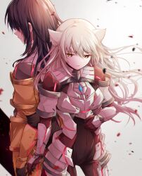 Rule 34 | 1boy, 1girl, animal ear fluff, animal ears, armor, back-to-back, black hair, cat ears, cat girl, chest jewel, commentary request, grey hair, highres, long hair, m (xenoblade), n (xenoblade), parted lips, ui frara, xenoblade chronicles (series), xenoblade chronicles 3, yellow eyes