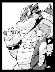 2boys bespectacled black_border border bowser cigar cigarette closed_mouth commentary_request from_side garou-zuki glasses greyscale hand_in_pocket holding holding_cigar holding_cigarette link long_sleeves male_focus mario_(series) monochrome multiple_boys nintendo short_hair smoking the_legend_of_zelda vest