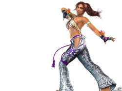 1girl 3d armband barefoot brazil breasts breasts_apart brown_hair christie_monteiro dark-skinned_female dark_skin feet female_focus fingerless_gloves gloves hip_vent large_breasts long_hair namco official_art official_wallpaper ponytail soles solo tekken tekken_5 toes underboob