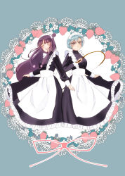 2girls ace_attorney alternate_costume apron black_dress blue_hair closed_eyes dress food franziska_von_karma fruit grey_eyes hairband highres long_hair maid maya_fey multiple_girls purple_hair ringo_maru short_hair smile strawberry whip white_apron white_hairband