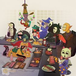 1other 4boys 4girls anger_vein bar_censor black_hair blue_robe bone cat censored chopsticks coin commentary cooking cooking_pot coral_glasses corn crescent_print cup dog dratula_(ena) drinking drunk eating ena:_dream_bbq ena_(dream_bbq) ena_(series) english_commentary food froggy_(ena) glasses green_hat grilling hand_on_another&#039;s_shoulder hat highres hoarder_alex_(ena) holding holding_chopsticks holding_cup holding_skewer hourglass_dog kane_(ena) ketchup looking_at_another lying meat mitu_(ena) multiple_boys multiple_girls necktie on_stomach plate pointy_ears red_hair robe salesperson_ena shaman_(ena) shirt skewer squeeze_bottle star_(symbol) star_print taski_maiden_(ena) white_necktie white_shirt wizard wizard_hat zunysideup