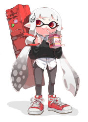 1girl absurdres black_sweater closed_mouth collared_shirt commentary_request cropped_sweater drinking drinking_straw drinking_straw_in_mouth full_body gradient_hair grey_hair grey_leggings hair_ornament hairclip highres holding holding_milk_carton holding_strap inkling inkling_girl inkling_player_character leggings long_hair long_sleeves milk_carton multicolored_hair nintendo pointy_ears red_bag red_eyes red_shoes shiohi shirt shoes smile sneakers solo splatoon_(series) standing strawberry_milk sweater tentacle_hair twintails two-tone_hair very_long_hair white_background white_hair white_shirt