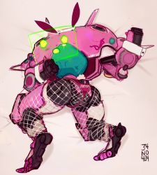 34no404 animal_ears ass clothed_robot fishnet_pantyhose fishnets holographic_monitor mecha meka_(overwatch) no_humans overwatch overwatch_1 panties pantyhose pink_panties rabbit_ears robot solo thong topless underwear what