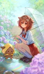 1girl animal_ears bone_hair_ornament braid brown_eyes brown_hair dog_ears dog_girl flower hair_ornament highres holding holding_umbrella hololive hydrangea inugami_korone long_hair miniskirt outdoors pleated_skirt raincoat red_skirt shoes skirt socks solo twin_braids umbrella virtual_youtuber yellow_raincoat yun_bo_(yumbocchi)
