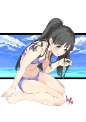 1girl barefoot bikini black_eyes black_hair breasts character_request check_copyright cleavage copyright_request crab feet geregere_(lantern) knees navel original playing_with_own_hair purple_bikini sitting small_breasts solo stomach swimsuit thighs toes wariza