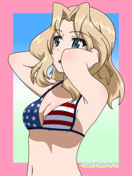 1girl american_flag american_flag_bikini american_flag_print bikini blonde_hair blue_eyes blush breasts dated flag_print girls_und_panzer highres kay_(girls_und_panzer) long_hair medium_breasts naotosi navel open_mouth print_bikini solo swimsuit upper_body