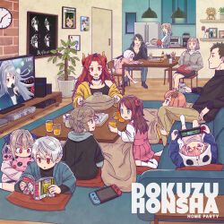 4boys 6+girls aged_down akabane_youko alternate_costume analog_clock animal_hood bangs_pinned_back banksy beer_can black_collar black_hair black_shirt black_skirt black_socks black_sweater blonde_hair blue_pants blue_ribbon brown_hair brown_jacket brown_pants can chair child clock collar commentary_request cooking_pot couch crayon cup cushion dokuzuhonsha dola_(4th_costume)_(nijisanji) dola_(nijisanji) dragon_horns drawing_(action) dress drink_can drinking_glass eating elu_(nijisanji) english_text family fang flower food fuwa_minato game_console gradient_hair green_eyes green_hair grey_eyes grey_hair grey_jacket group_name hair_flower hair_ornament hair_ribbon hanabatake_chaika handheld_game_console hanging_light highres higuchi_kaede higuchi_kaede_(10th_costume) holding holding_can holding_cooking_pot holding_crayon holding_cup holding_cushion holding_food holding_handheld_game_console holding_magazine honma_himawari hood horns hyakumantenbara_salome hyakumantenbara_salome_(1st_costume) indoors jacket juice kagami_hayato kaida_haru kanae_(nijisanji) kenmochi_touya kitchen kneeling kotatsu kuzuha_(nijisanji) living_room long_hair long_sleeves looking_at_another lying magazine_(object) makaino_ririmu multicolored_hair multiple_boys multiple_girls nabe nijisanji nintendo_64 nintendo_switch on_back on_chair on_couch open_mouth orange_hair orange_horns orange_juice panda_hood pants parody parody_request party photo_(object) picture_frame pinafore_dress pink_dress pink_flower pink_hair pink_jacket plant playstation_1 playstation_4 pointy_ears ponytail poster_(object) poster_parody potted_plant pouring reading red_eyes red_hair red_ribbon ribbon rof-mao rug sasaki_saku sean_uc8 shelf shiina_yuika shirt short_hair sister_claire skirt sleeveless sleeveless_dress smile socks streaked_hair stuffed_toy sunflower sunflower_hair_ornament sweater table television the_shining tsukino_mito turtleneck turtleneck_sweater two-tone_hair under_kotatsu under_table virtual_youtuber watching_television white_socks wooden_chair wooden_table yashiro_kizuku yellow_eyes yellow_jacket yuuki_chihiro