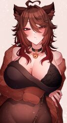 1girl ahoge animal_ears bell black_collar blush breasts brown_cardigan brown_hair cardigan cat_ears cat_girl cleavage collar craymer hair_between_eyes heart heart_ahoge jacket large_breasts long_hair looking_at_viewer mole mole_on_breast mole_under_mouth naoko_kirishima neck_bell open_cardigan open_clothes original red_eyes see-through_clothes see-through_shirt shirt simple_background solo sweater_jacket