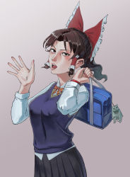 1girl absurdres bag benikurage_(cookie) black_skirt blush bow bowtie breasts brown_background brown_eyes brown_hair cardigan collared_shirt commentary_request cookie_(touhou) covered_erect_nipples cowboy_shot earrings frilled_bow frilled_hair_tubes frills hair_bow hair_tubes hakurei_reimu highres holding holding_bag jewelry looking_at_viewer manatsu_no_yo_no_inmu medium_breasts medium_hair miura_cat nail_polish open_mouth orange_bow parted_bangs pink_nails pleated_skirt ponytail purple_cardigan red_bow school_bag school_uniform shirt sidelocks simple_background skirt solo striped_bow striped_bowtie striped_clothes stud_earrings touhou wankosoba_(wanko1263) white_shirt
