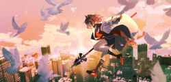 absurdres angelina_(arknights) animal_ears arknights arms_behind_back bird black_collar black_shorts black_socks brown_hair building cloud coat collar commentary_request day dolphin_shorts dove earpiece film_grain floating floating_clothes floating_hair fox_ears fox_girl fox_tail from_side full_body gloves hairband haku_(muc12b) highres holding holding_staff infection_monitor_(arknights) jacket kneehighs lens_flare light_particles medium_hair open_clothes open_coat outdoors red_eyes red_footwear red_gloves red_hairband red_jacket scenery shoelaces shoes shorts sky skyline skyscraper socks staff striped_clothes striped_hairband sunrise tail twintails two-tone_hairband white_coat