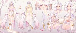 Rule 34 | 1girl, ?, absurdres, ass, breasts, brown eyes, butterfly hair ornament, cleavage, closed eyes, color guide, elf, facial mark, flower, forehead mark, hair flower, hair ornament, heart, heart hands, high heels, highres, kuzeri, large breasts, lips, long hair, median furrow, multiple views, open mouth, original, pink flower, pointy ears, purple flower, reference sheet, second-party source, shoes, smile, sword, tassel, tearing up, weapon, white hair, white shoes